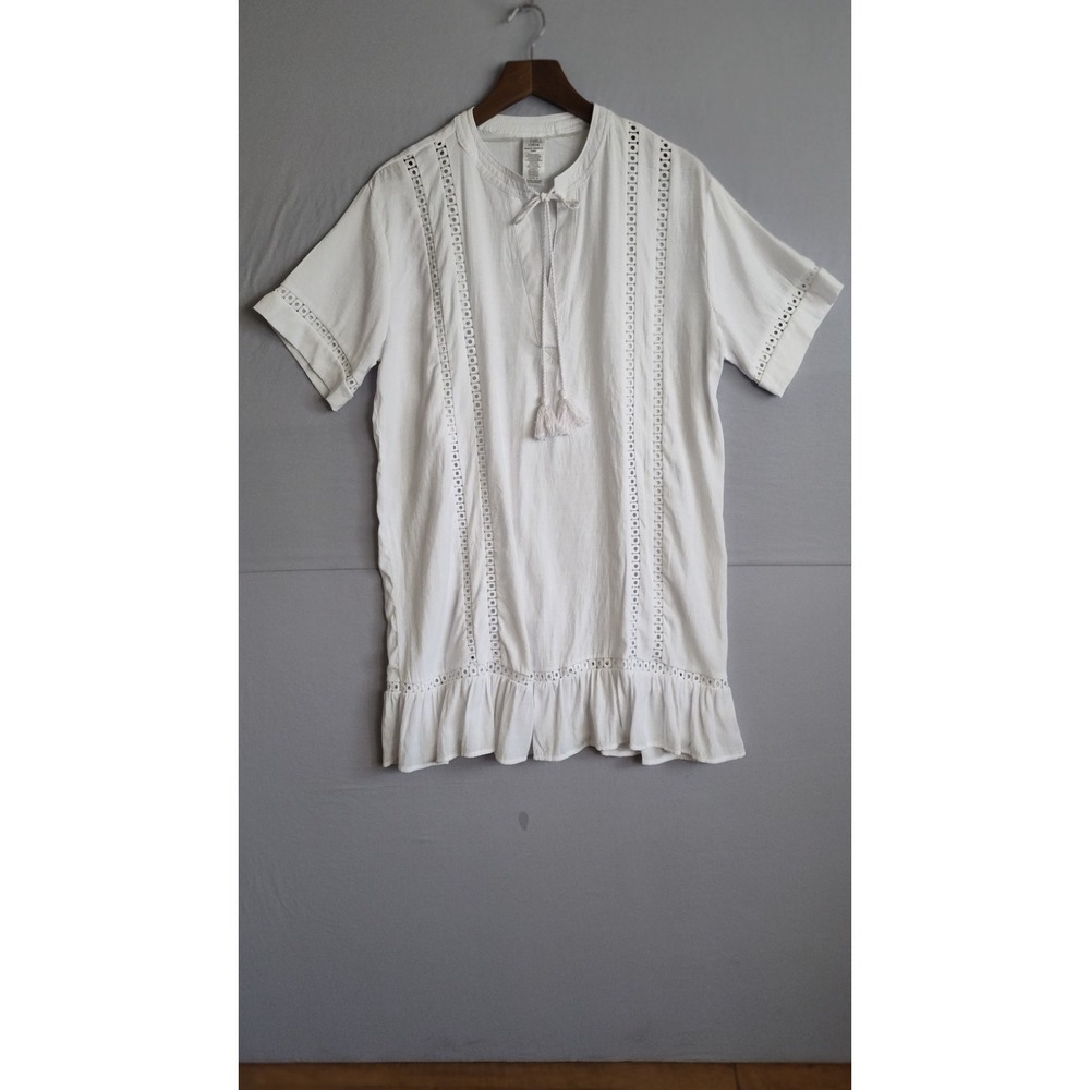 White Eyelet Lace Tassel Tie Mini Dress Short Sleeve Boho Ruffle Hem Large